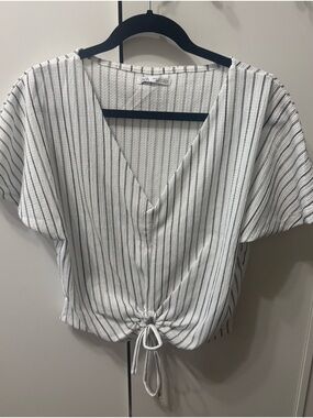 Zara White V-Neck Striped Tie-Front Top Blouse